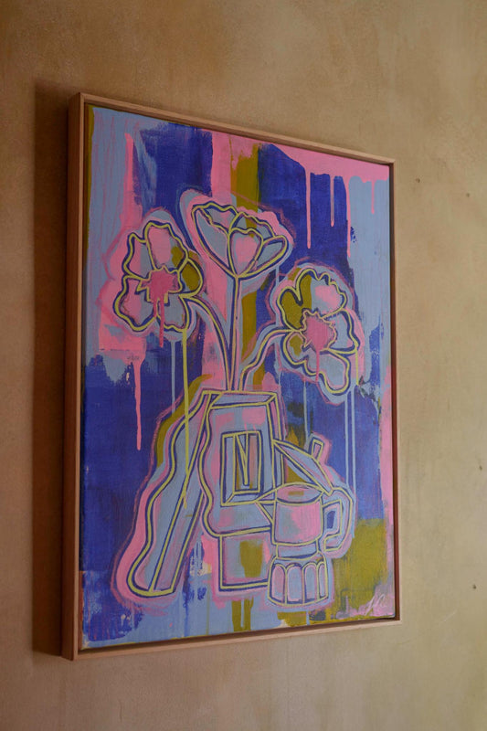 Colorful abstract painting of flowers, limestone sculpture and a Bialetti hand painted by Melbourne artist Jay-Dee Pitcaithly