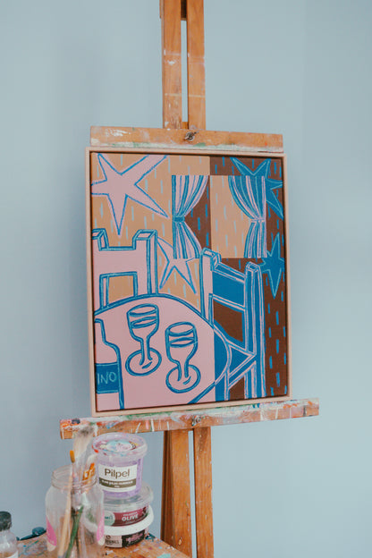A framed original wall art painting feating a bar scene by local Melbourne artist Jay-Dee Pitcaithly