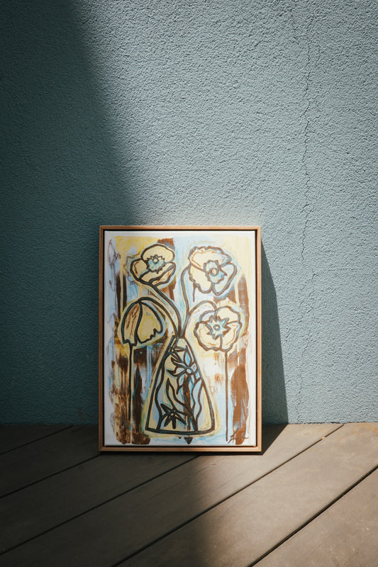 Framed artwork of a flowers in a ceramic vase hand painted by Melbourne artist Jay-Dee Pitcaithly