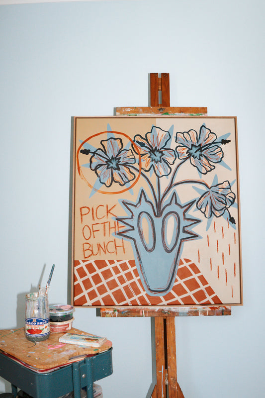 original contemporary painting for flowers in a clay vase on an easel 
