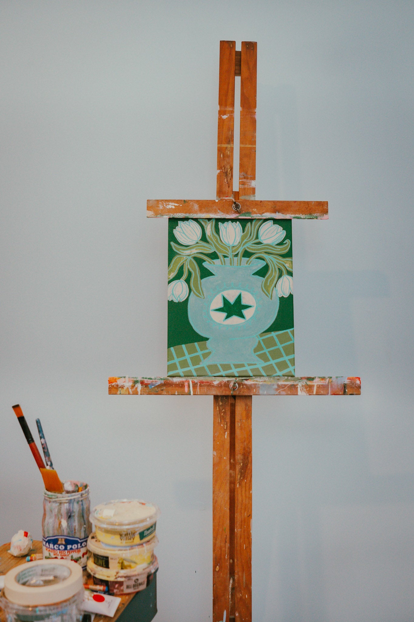 Green, blue and cream original painting of tulips in a vase hand painted by Melbourne artist Jay-Dee Pitcaithly