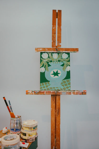 Green, blue and cream original painting of tulips in a vase hand painted by Melbourne artist Jay-Dee Pitcaithly